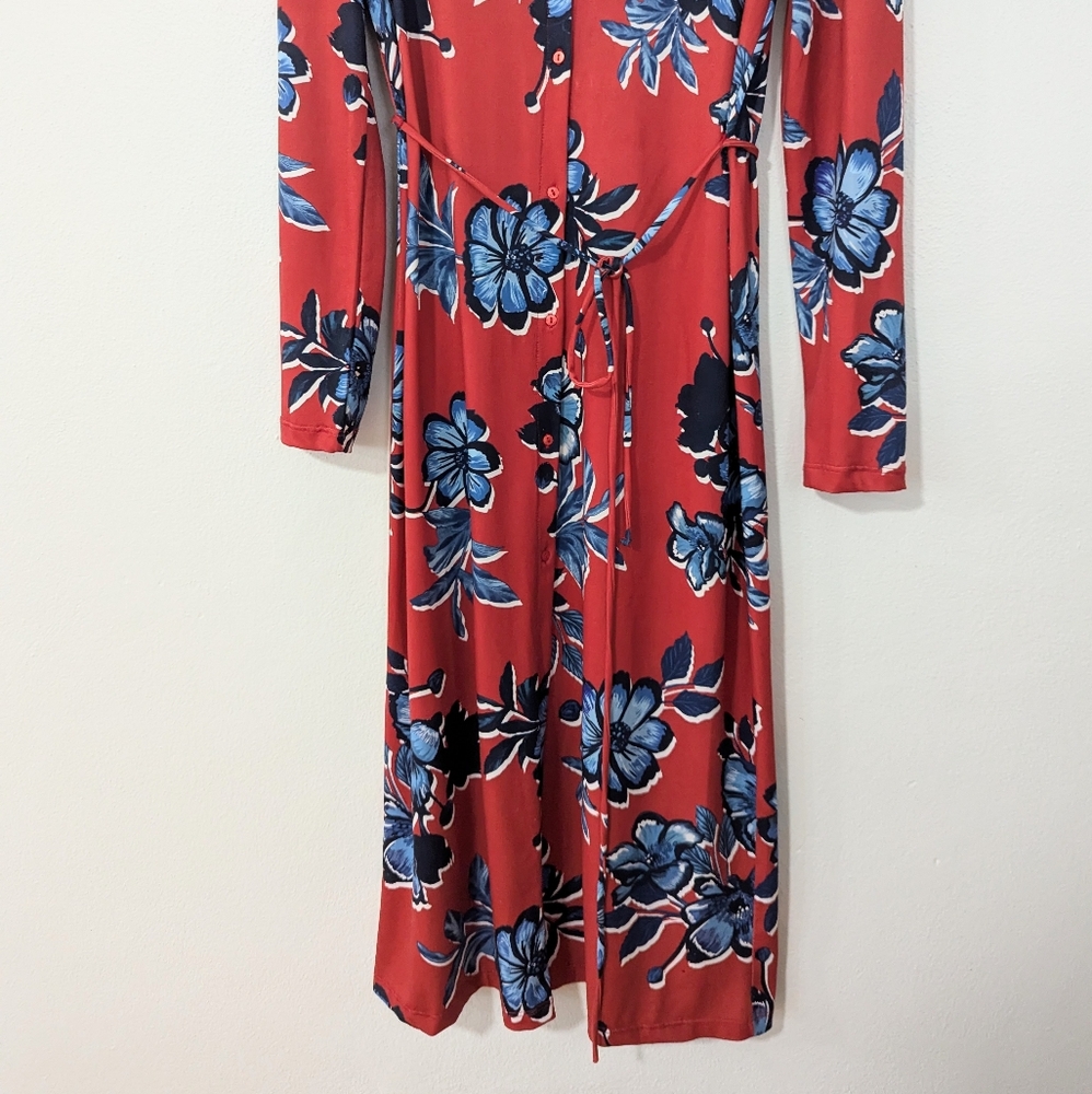 Zara Floral Print Button Front Long Sleeve Collared Midi Shirt Dress Red Small S - Picture 4 of 10